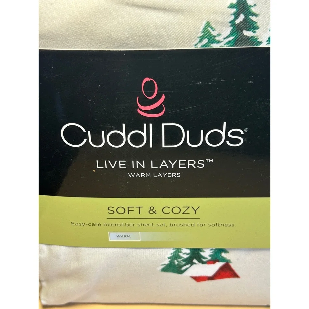 Cuddl Duds Twin Sheet Set Forest Barn Green Trees Red House Soft Cozy 3PC NEW